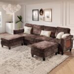COLAMY 118" U-Shaped Sectional Couch, 4-Seat Modular Sofa with 2 Ottomans and Foldable Side Table, Brown for Living Room - Image 2