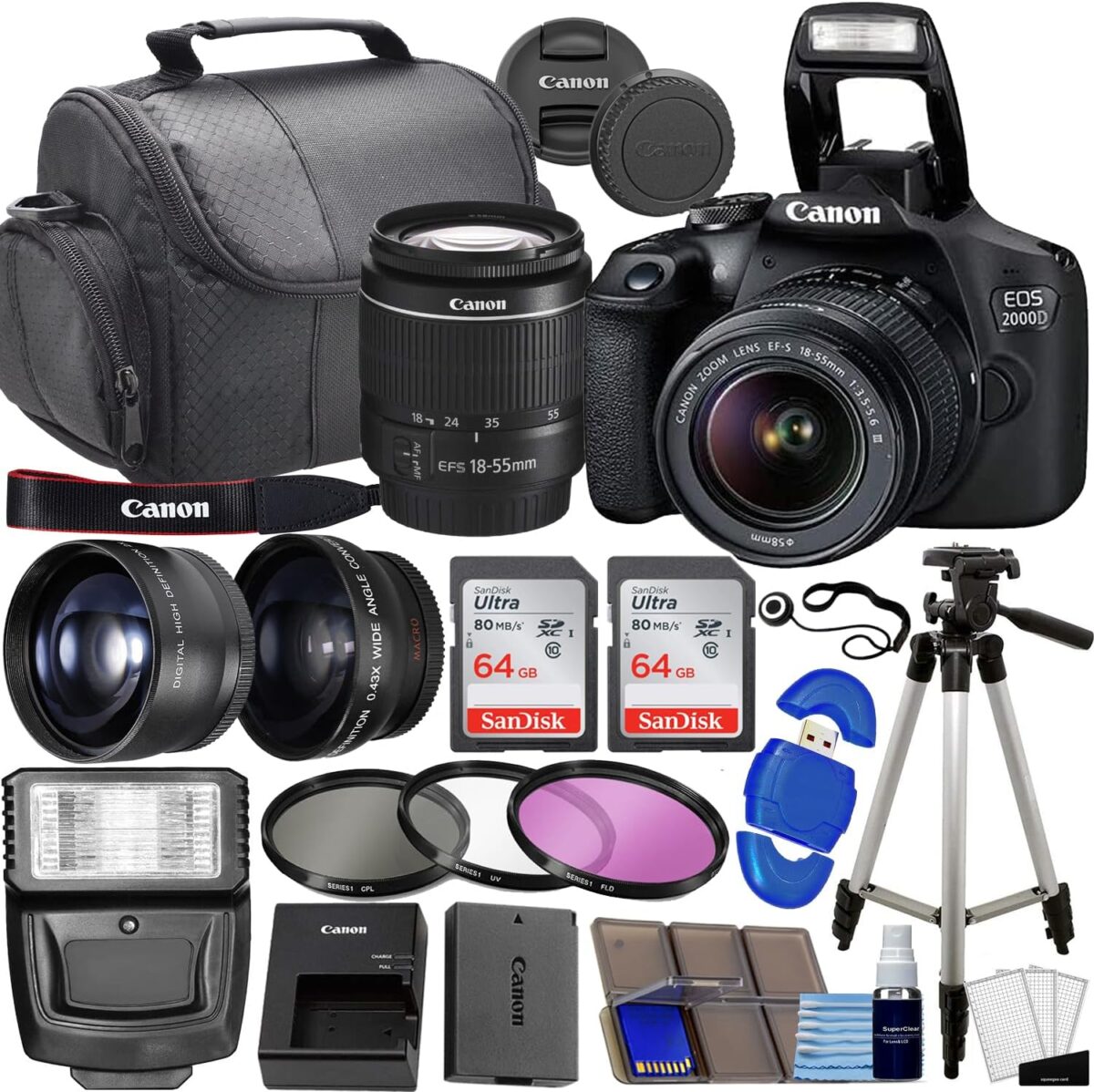 Canon EOS 2000D / Rebel T7 DSLR Camera w/EF-S 18-55mm f/3.5-5.6 Lens 3 Lens Kit: 128GB Memory + Wide Angle + Telephoto + Flash - Image 2