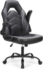 DUMOS Gaming Ergonomic Office Chair for Adults, Height Adjustable Computer Desk Chair with Flip-up Armrests, PU Leather Swivel Video Game Chair with 360° Rolling Wheels, Grey - Image 2