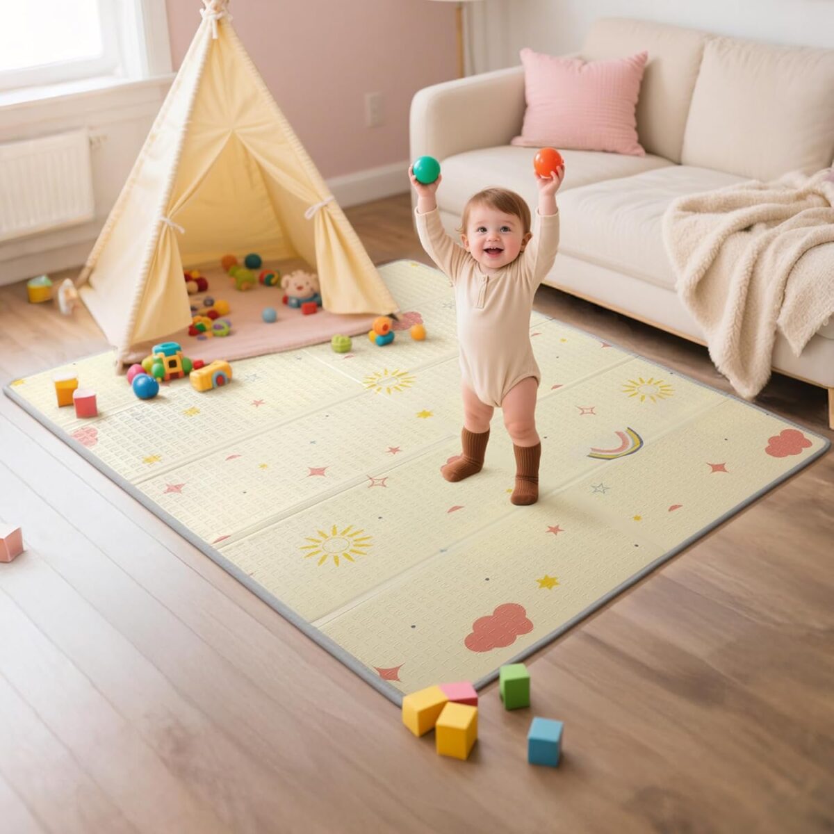 Extra Large Foldable Play Mat, Reversible Baby Play Mat with Edge Reinforcement, Non-Toxic & Waterproof Baby Mat for Floor, Foam Playmat for Infants Toddlers, Rainbow, Cloud & Moon, 50''x50'' - Image 2