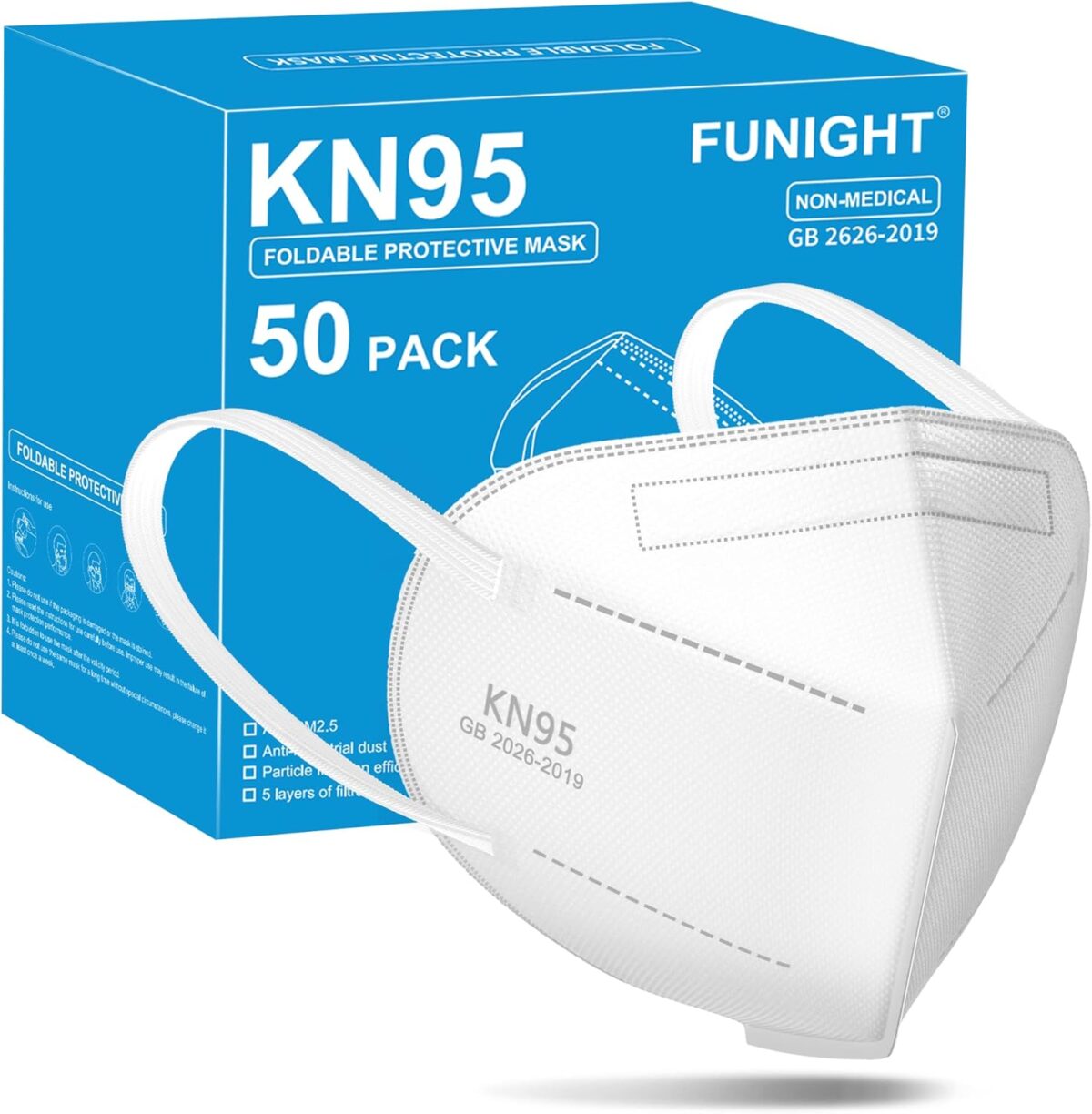 Funight KN95 Face Mask 5-Ply Breathable Filter Efficiency≥95% Protective Cup Dust Disposable Masks Against PM2.5 White 50 Pack - Image 2