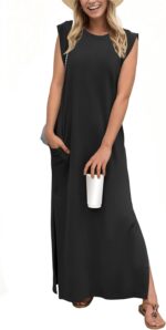 GRECERELLE 2025 Women Year-Round Casual Round Neck Loose Split Wrinkle-Free Long Maxi Vacation Dress with Pockets (XS-3XL) - Image 2