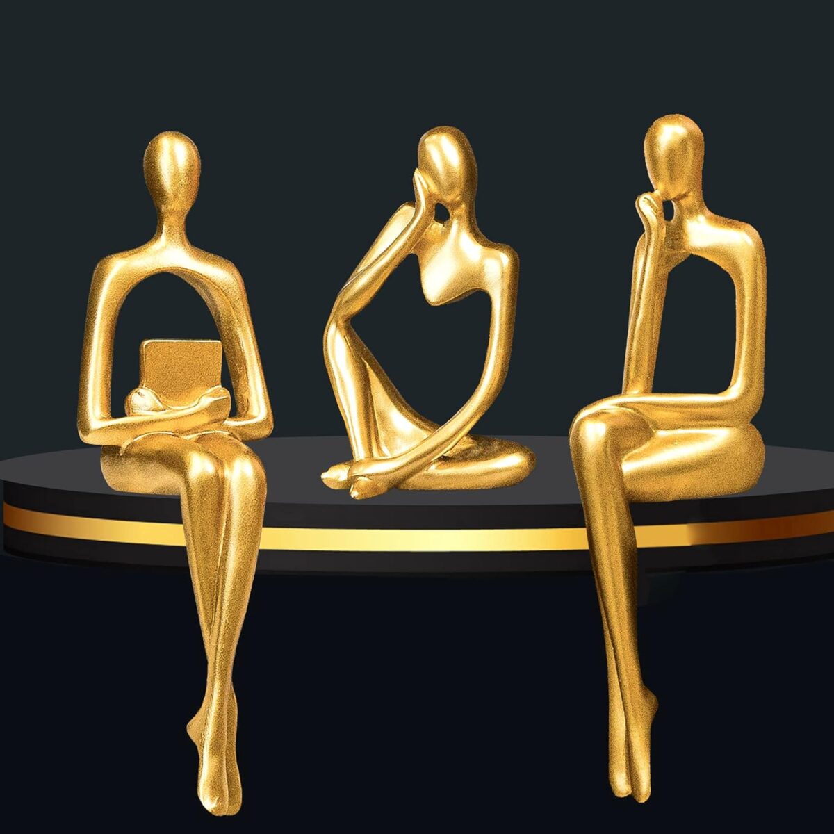 Gold Home Decor Thinker Statue Accents, Set of 3 Thinker Sculptures Office Decor Modern Abstract Resin Decoration on Shelf Table Desk for Living Room Office Bedroom (Large Gold) - Image 2