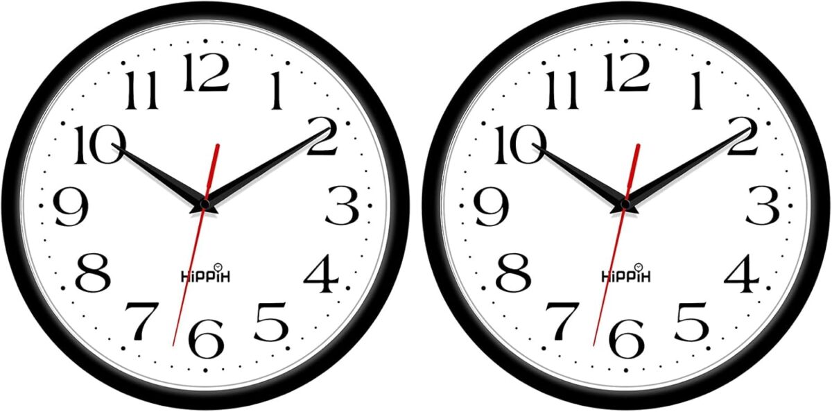 HIPPIH 2 Pack Silent Wall Clock, 10 Inch Non Ticking Quiet Digital Sweep Decorative Battery Operated Wall Clocks for Living Room Bedroom Kitchen School Office Decor, Black - Image 2