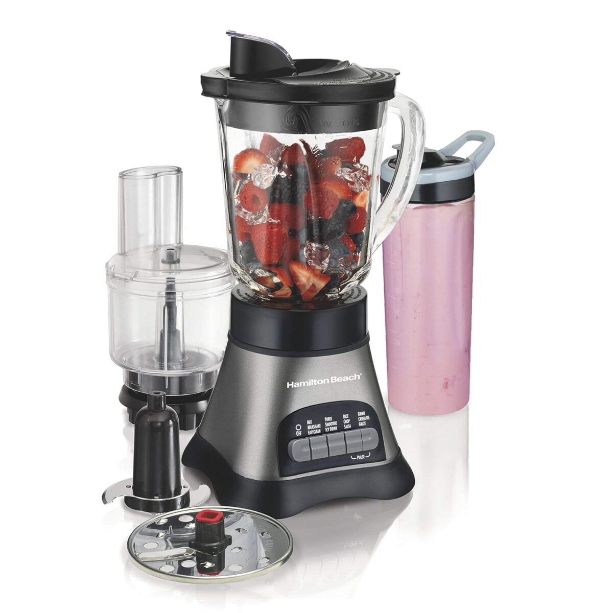 Hamilton Beach Blender and Food Processor Combo for Shakes & Smoothies, With 3 Cup Electric Food Chopper Attachment, 40 oz Glass Jar, Blender Travel Cup, 700 Watts Peak Power, Gray & Black (58163) - Image 2