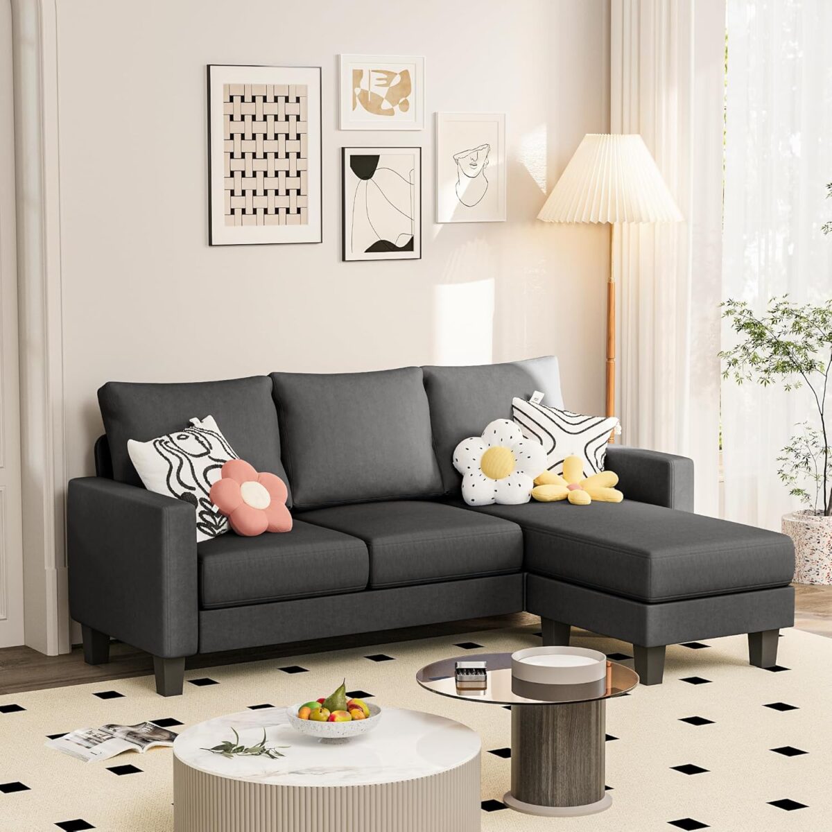 JUMMICO Couch for Small Living Room, 73" Small Sofa with Reversible Ottoman, 3 Seat L-Shaped Sofas, Comfy Couches for Apartment (Linen Fabric, Dark Grey) - Image 2