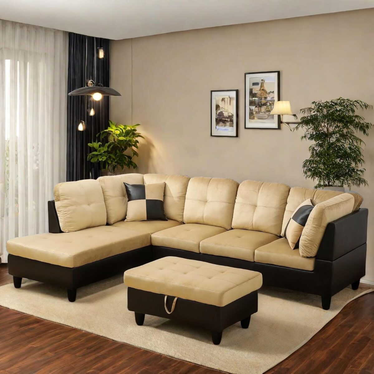 L Shaped Sectional Couch with Otttoman, 103" Sectional Sofa for Living Room Flannel Modular Couches with Cup Holders for Bedroom, Apartments, Beige &Brown - Image 2