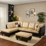 L Shaped Sectional Couch with Otttoman, 103" Sectional Sofa for Living Room Flannel Modular Couches with Cup Holders for Bedroom, Apartments, Beige &Brown - Image 2