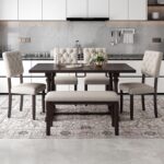 Merax 6 Piece Kitchen Dining Table Set, Wooden Rectangular Dining Table with Upholstered Bench and 4 Chairs, Dining Room Table Set for 6 People, Living Room Furniture (Espresso, Cushions) - Image 2