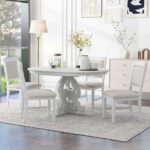 Merax Round Dining Table Set for 4, Extendable Kitchen Table Set with 4 Upholstered Chairs, Farmhouse Table and Chairs Set for Kitchen, Dining Room, Small Space, Antique White - Image 2
