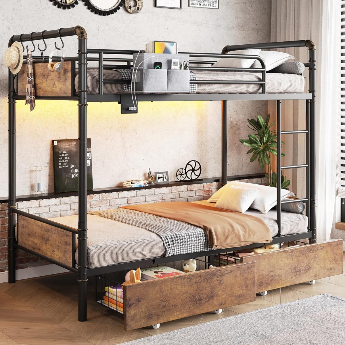 Metal LED Bunk Bed Twin Over Twin with 2 Storage Drawers, USB Charging Station, Industrial Bunkbeds Heavy Duty Bed with Safety Guardrail and Ladder, No Box Spring Needed, Vintage Brown - Image 2