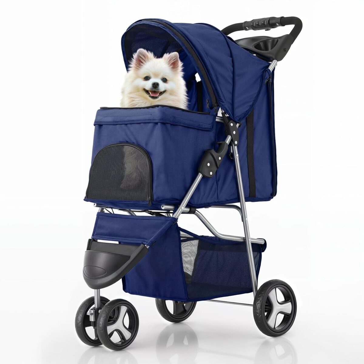 MoNiBloom 3 Wheels Pet Stroller, Foldable Dog Cat Cage Jogger Stroller with Weather Cover for All-Season, Storage Basket and Cup Holder, Breathable and Visible Mesh for Small/Medium Pets, Blue - Image 2