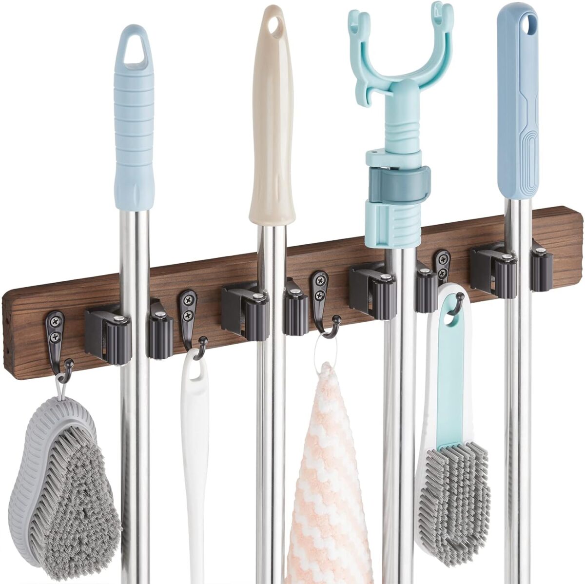 Mop and Broom Holder Wall Mount - Rustic Wood Broom Mop Hanger - Wall Mounted Garden Tool Rack Organizer for Closet Garage Laundry Room Kitchen Decor With 4 Slots & 4 Hooks - Image 2