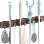 Mop and Broom Holder Wall Mount - Rustic Wood Broom Mop Hanger - Wall Mounted Garden Tool Rack Organizer for Closet Garage Laundry Room Kitchen Decor With 4 Slots & 4 Hooks - Image 2