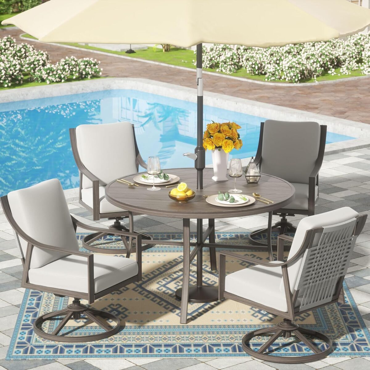 NATURAL EXPRESSIONS 5-Piece Outdoor Patio Dining Set, 4pcs Patio Swivel Rocking Chairs and 38’’ Round Dining Table with 1.65’’ Umbrella Hole - Image 2
