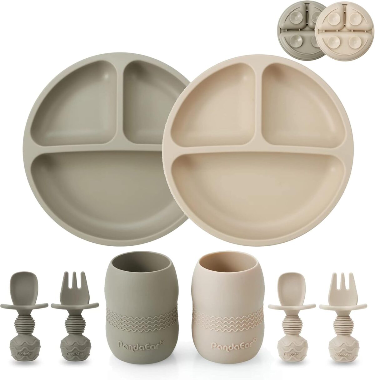 PandaEar Silicone Baby Feeding Set| 2 Pack Silicone Divided Suction Plate and 2 Pack Tiny Cup with 2 Spoons 2 Forks| Baby Led Weaning Supplies Self Feeding Eating Utensils (Light Tan/Walnut) - Image 2
