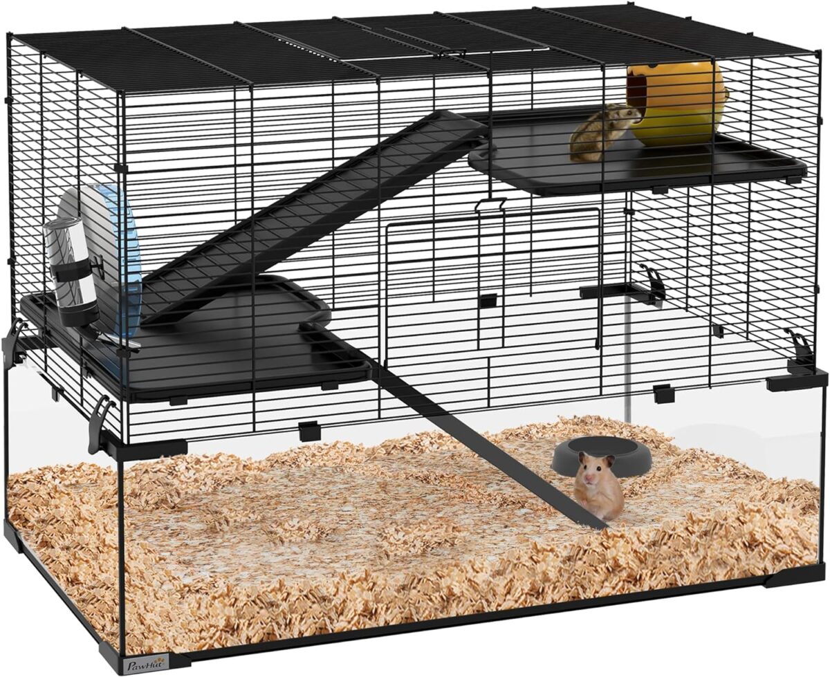 PawHut Large Hamster Cage with Deep Tempered Glass Bottom, 3 Tiers Hamster Tank with Running Wheel, Hut, Water Bottle, Dish, Rat Cage for Syrian, Dwarf, Gerbils, Mouse, 31" x 19" x 21.5", Black - Image 2