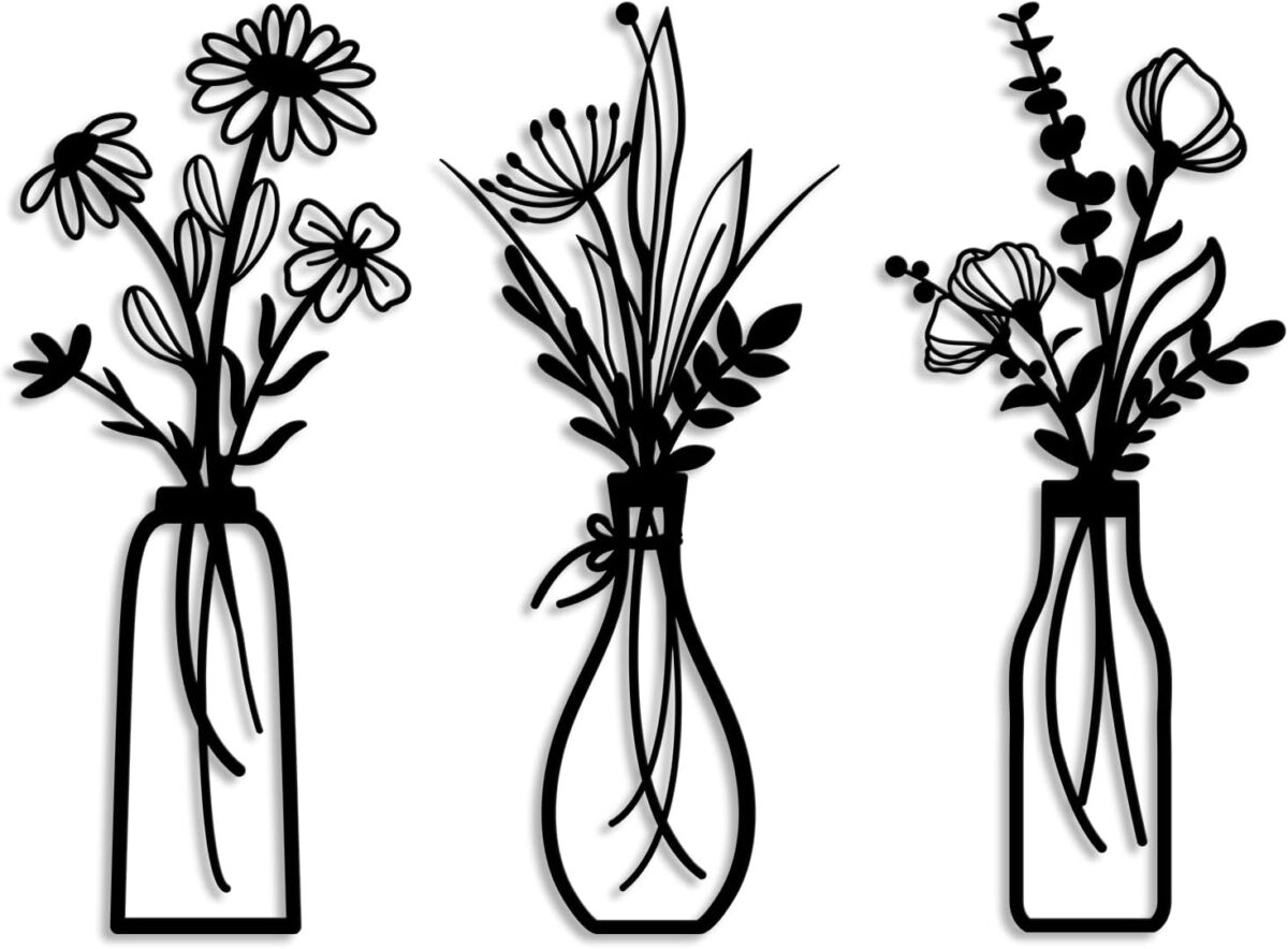 Pigort 3 Pieces Metal Flowers Wall Arts - Rustic Farmhouse Decor Black Minimalist Flower Wall Decors for Living room Bathroom Bedroom Dining Room - Housewarming Gifts(Black, Vase-C) - Image 2