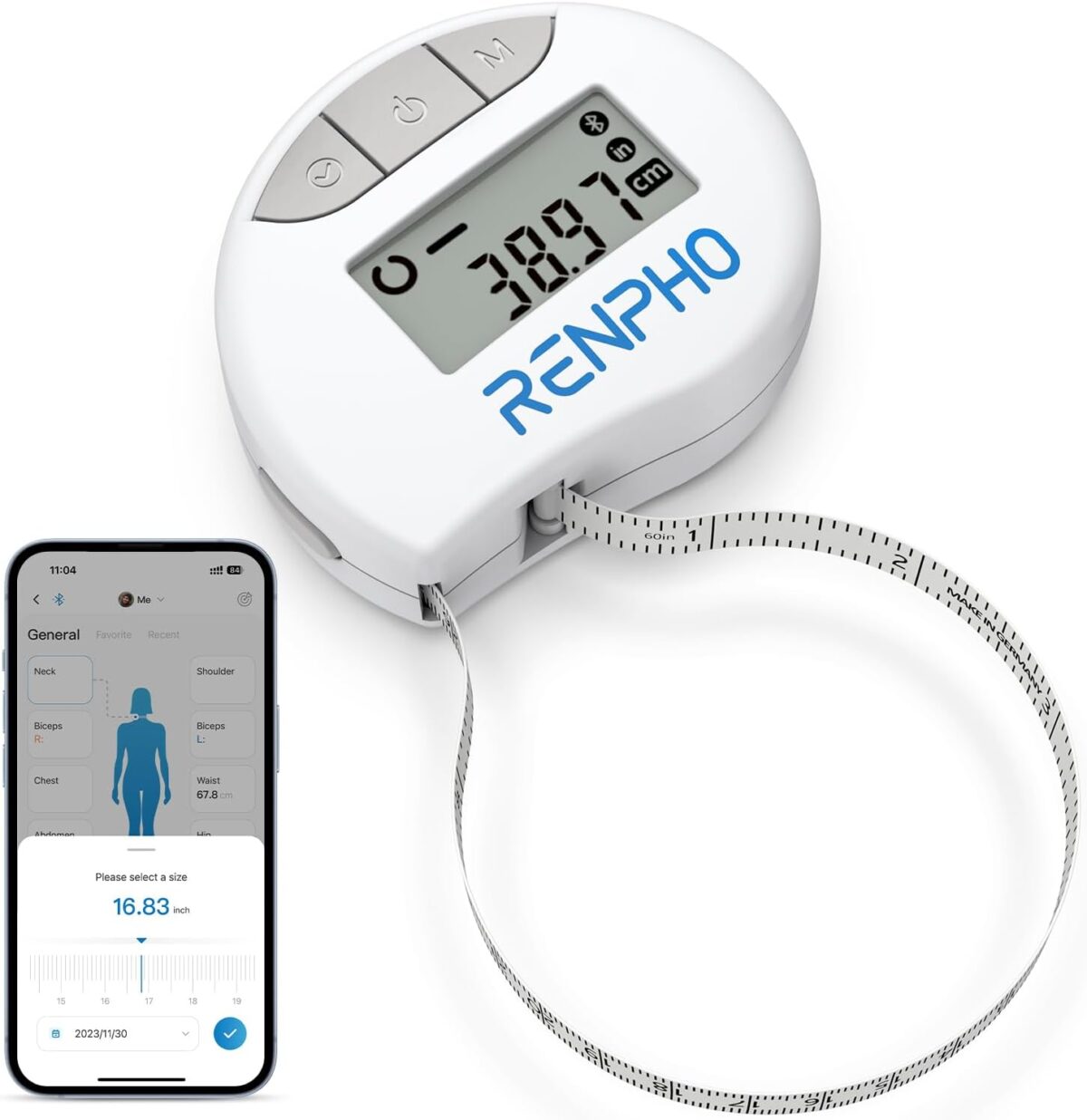 RENPHO Body Measuring Tape, Smart Tape Measure for Weight Loss, Bluetooth Fitness Equipment with App, Measuring Waist, Hip, Bust, Arms, Muscle Gain, Retractable, 60in /150cm, White - Image 2