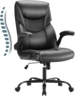 Sweetcrispy Ergonomic Computer Gaming Office Chair, Heavy Duty Task Desk Swivel Rolling Chairs with Wheels, Flip-up Arms, Adjustable Height, PU Leather, Black - Image 2