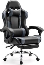 Sweetcrispy Video Game Desk Chair - Ergonomic Computer with Footrest and Comfy Lumbar Support, PU Leather Recliner with Headrest, Fixed Up Armrest, Height Adjustable with 360° Swivel, for Adults, Grey - Image 2