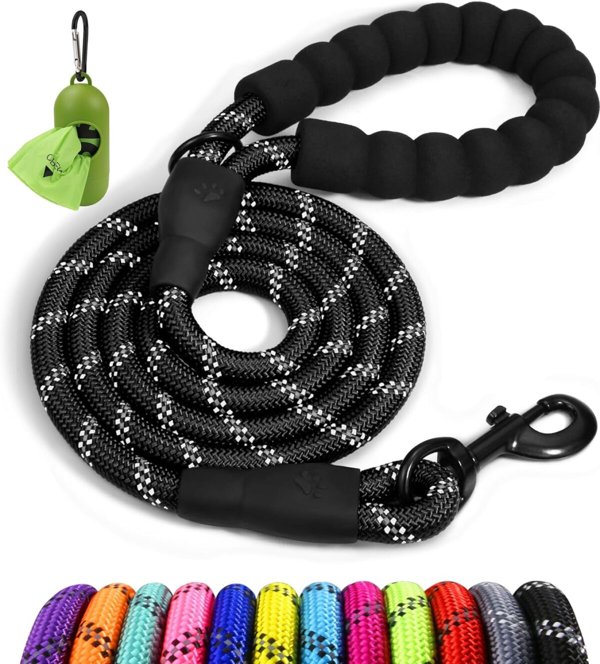 Taglory Rope Dog Leash 6 FT with Comfortable Padded Handle, Highly Reflective Threads Leash for Medium Large Dogs, 1/2 inch, Black - Image 2