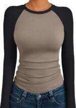 Trendy Queen Women's Long Sleeve Shirts Slim Fit Stretchy Color Block Slightly Cropped Tops - Image 2