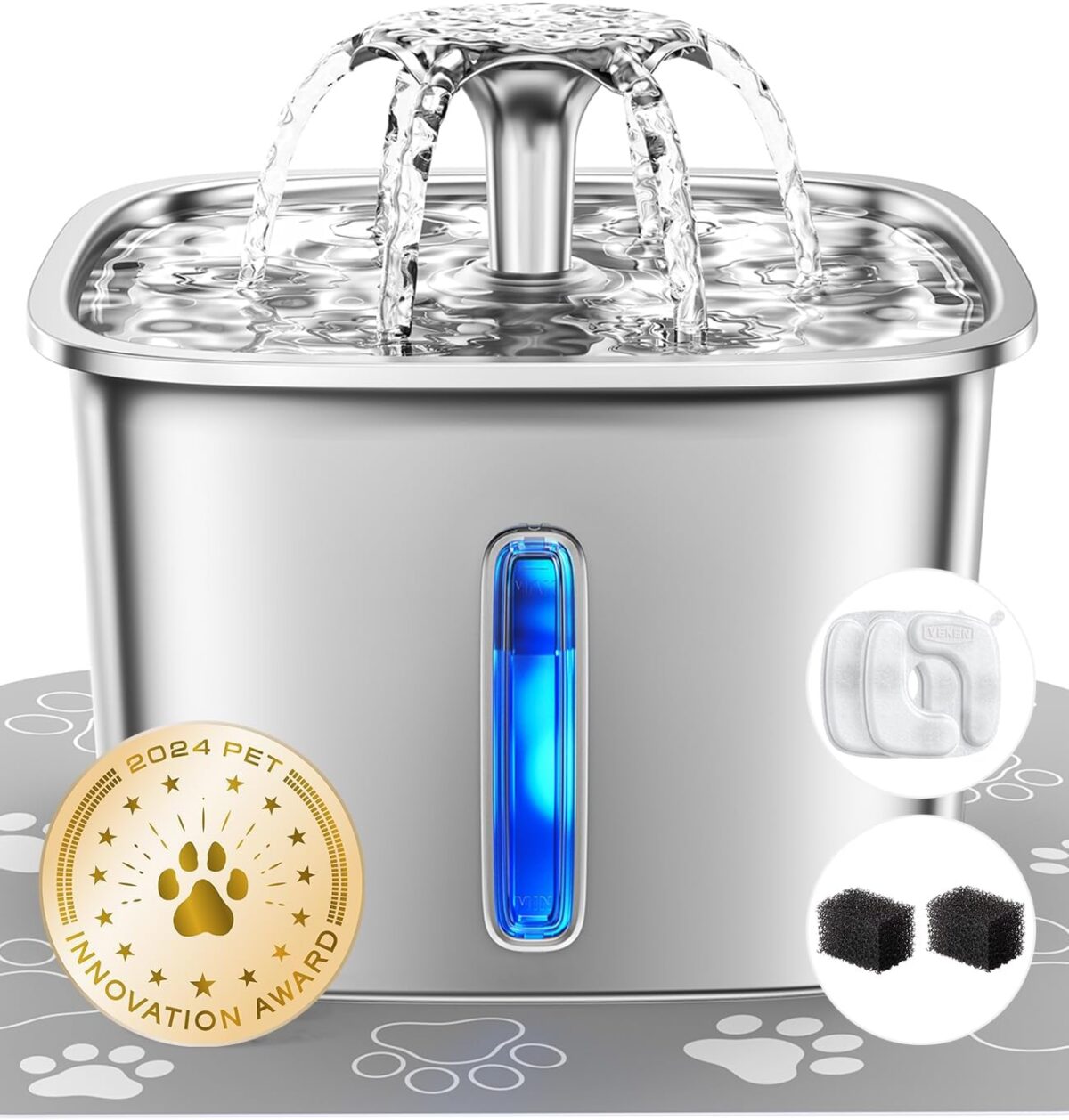 Veken Innovation Award Winner Stainless Steel Cat Water Fountain, 95oz/2.8L Automatic Pet Fountain Dog Water Dispenser with Replacement Filters & Silicone Mat for Cats, Dogs, Multiple Pets (Silver) - Image 2