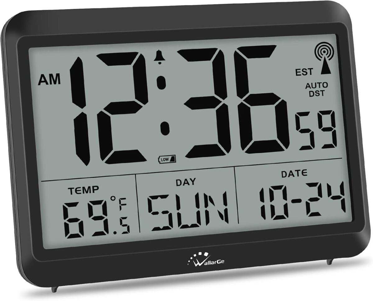 WallarGe Atomic Digital Wall Clock Battery Operated, Self-Setting, Large Display with Temperature, Date, Day of The Week, Silent Wall Mount Digital Clock, 4 Time Zones, DST - Image 2