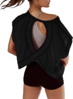 Women Short Sleeve Workout Shirts Open Back Tops Casual Yoga Y2k Athletic Gym Slouchy Crop Running Tees - Image 2