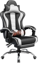 Yaheetech Gaming Chair, Video Game Chair with Massage Lumbar Support and Footrest Height Adjustable Ergonomic Computer Gaming Chair with Swivel Seat and Headrest, Black/White - Image 2