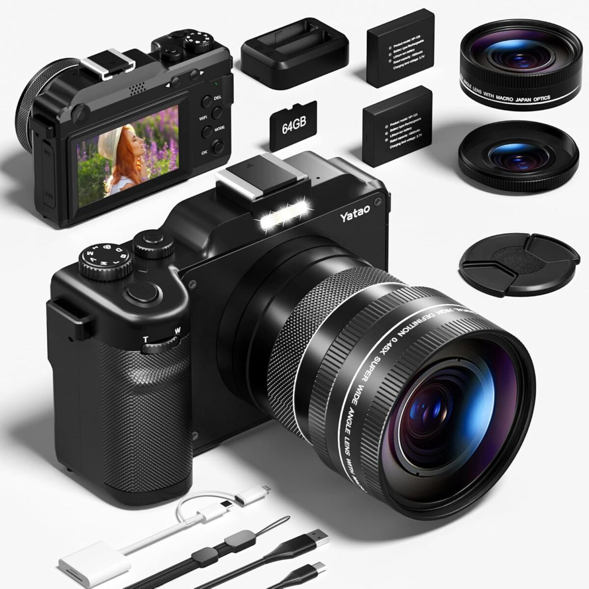 Yatao Digital Camera with WiFi, 4K 5K 64MP Photography Camera Kit for YouTube, Front and Rear Dual Camera for Convenient Selfie, Equipped with 64GB Micro Card, Wide & Macro Lens, Card Reader - Image 2