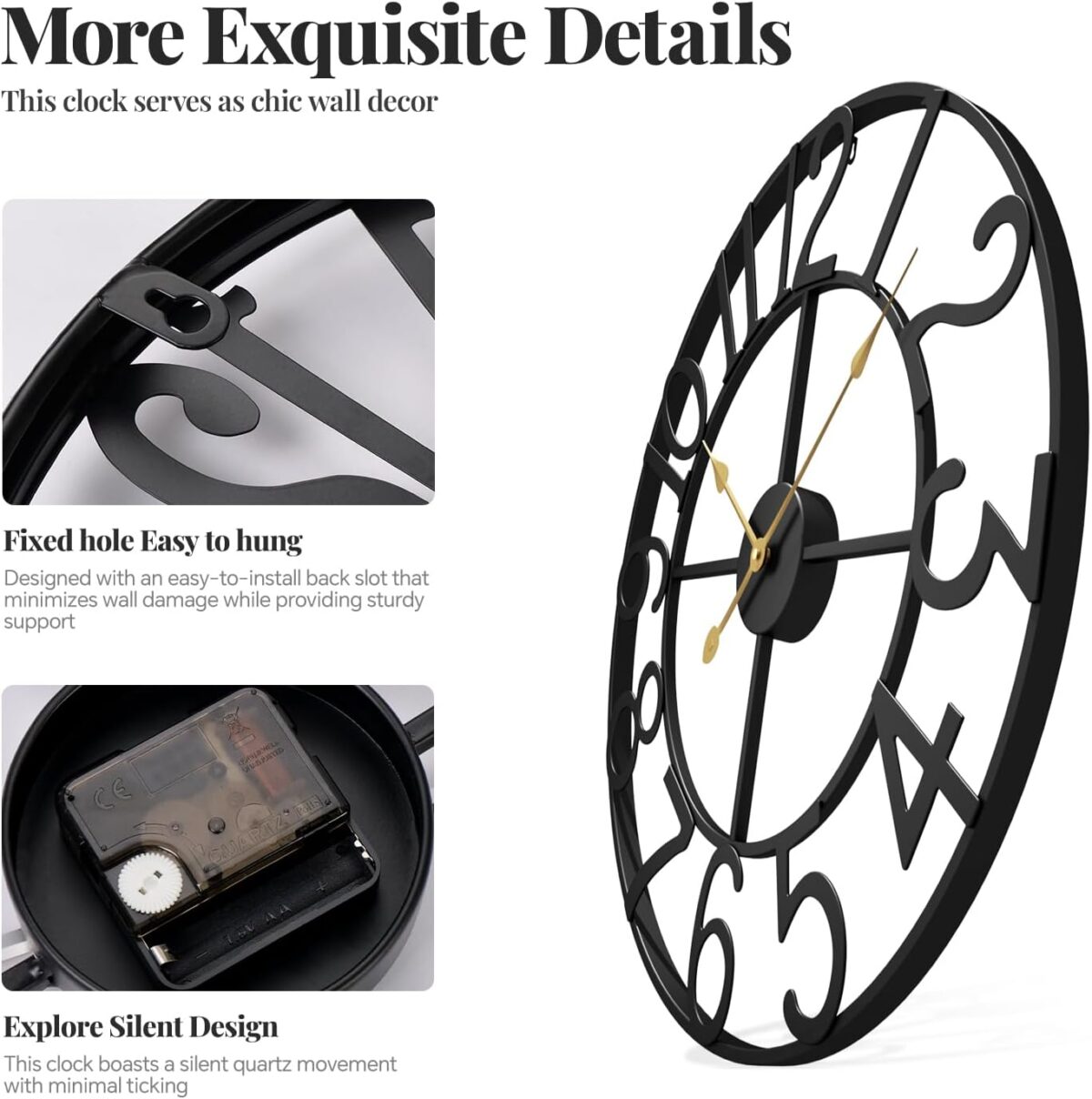 Large Wall Clock for Living Room Kitchen Mantel Decor, 30 Inch Decorative Wall Clock Silent Non Ticking Battery-Operated Metal Round Modern Black Wall Clocks Arabic Numerals - Image 7