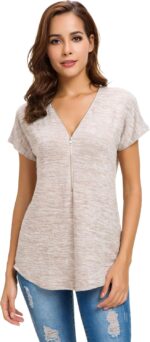 LUSMAY Women's Casual Zipper V Neck Short Sleeve Tunic Tops Loose Fitting T Shirts Blouse - Image 3