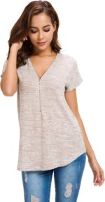 LUSMAY Women's Casual Zipper V Neck Short Sleeve Tunic Tops Loose Fitting T Shirts Blouse - Image 4