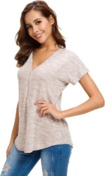 LUSMAY Women's Casual Zipper V Neck Short Sleeve Tunic Tops Loose Fitting T Shirts Blouse - Image 5