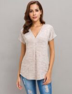 LUSMAY Women's Casual Zipper V Neck Short Sleeve Tunic Tops Loose Fitting T Shirts Blouse - Image 8