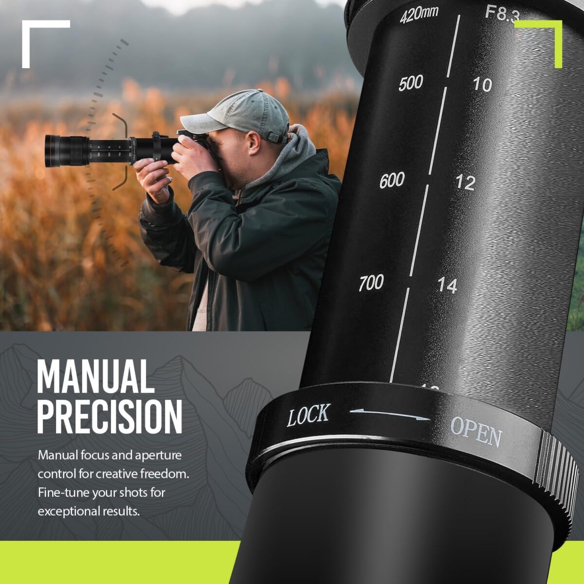 High-Power 420-1600mm f/8.3 HD Manual Telephoto Zoom Lens for Canon T1i T2i T3 T3i T4 T4i T5 T5i T6 T6i T6s T7 T7i T7s T8i EOS 1D 5D 6D 7D 30D 40D 50D 60D 70D 80D 90D XS XSI SL3 SL2 SL1 - Image 5