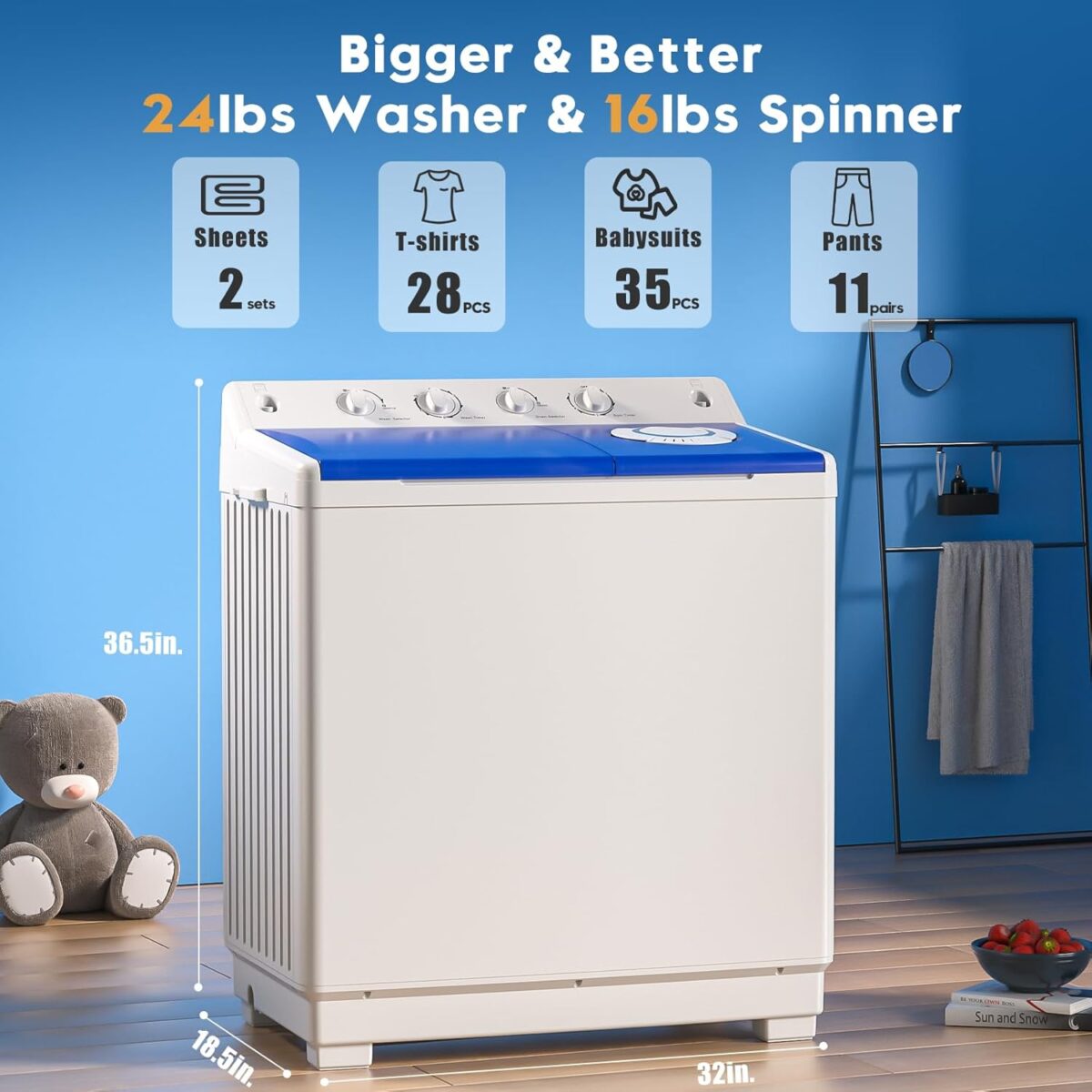 Auertech Portable Washing Machine, 40lbs Twin Tub Washer Mini Compact Laundry Machine with Drain Pump, Semi-automatic 24lbs Washer 16lbs Spinner Combo for Dorms, Apartments, RVs - Image 3