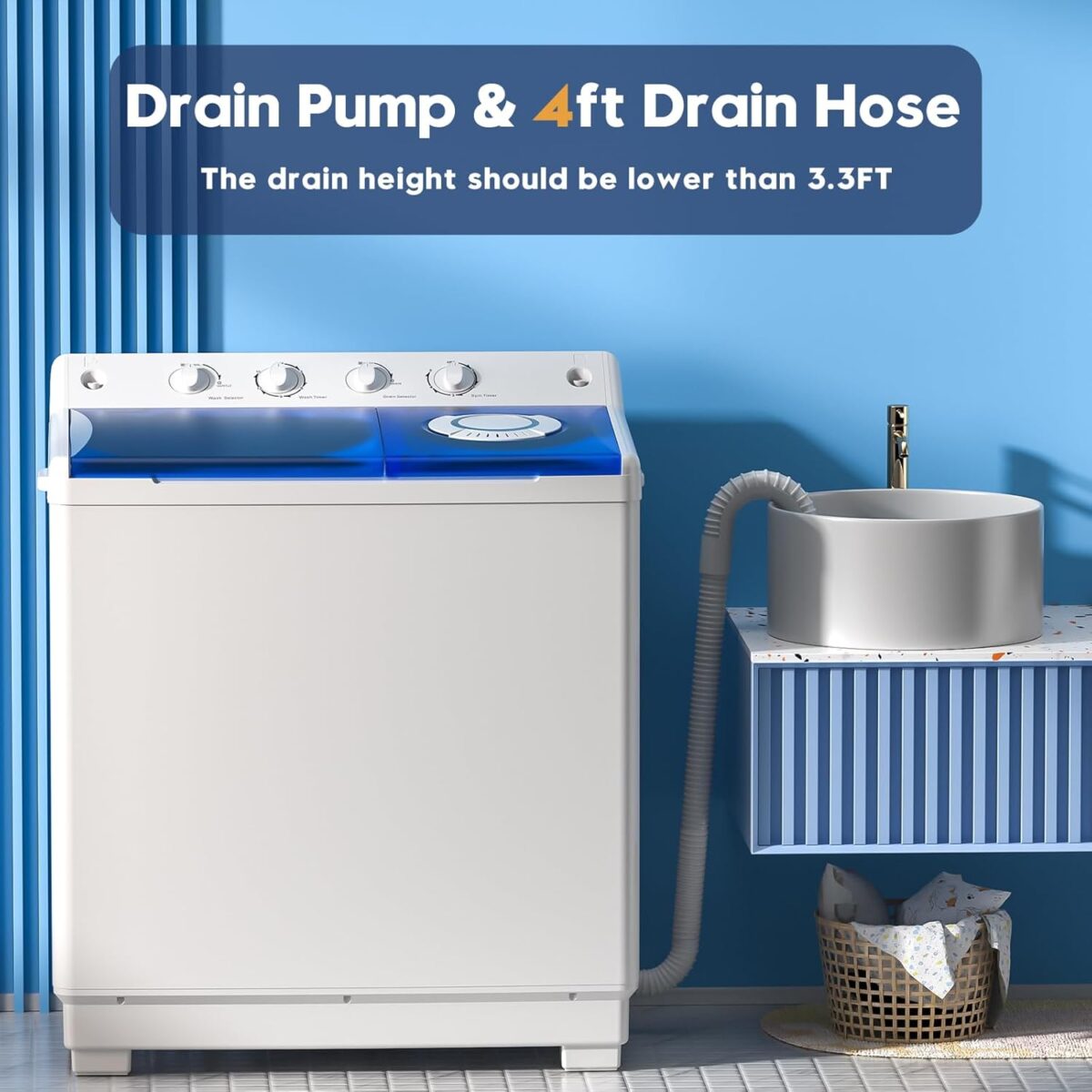 Auertech Portable Washing Machine, 40lbs Twin Tub Washer Mini Compact Laundry Machine with Drain Pump, Semi-automatic 24lbs Washer 16lbs Spinner Combo for Dorms, Apartments, RVs - Image 4