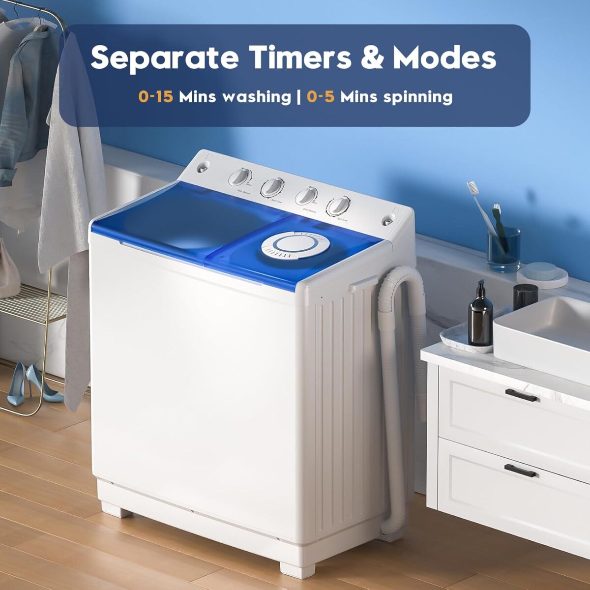 Auertech Portable Washing Machine, 40lbs Twin Tub Washer Mini Compact Laundry Machine with Drain Pump, Semi-automatic 24lbs Washer 16lbs Spinner Combo for Dorms, Apartments, RVs - Image 6