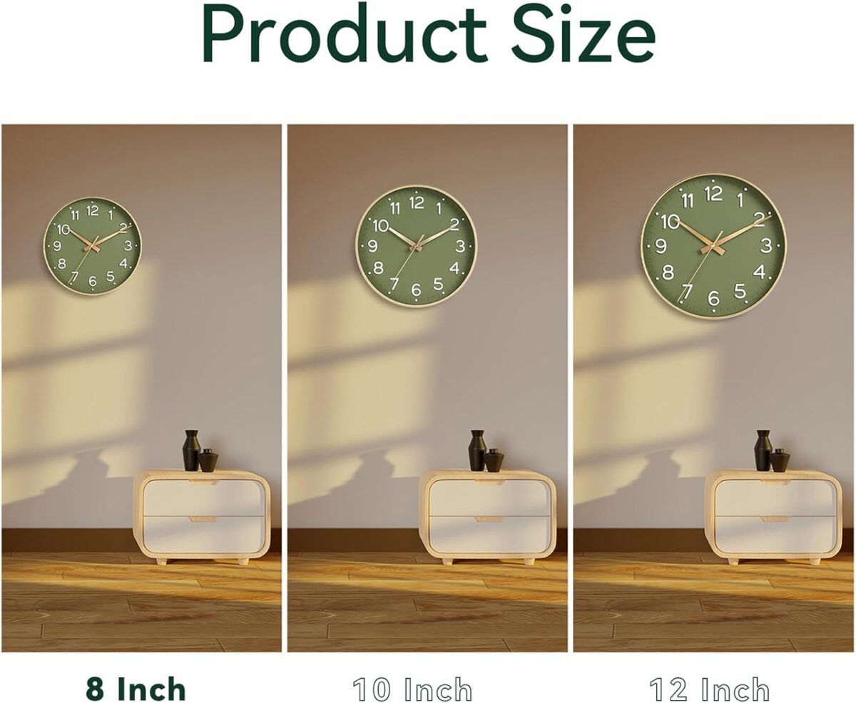Wall Clock Green, Silent Wall Clocks Battery Operated 8 Inch-Modern Non Ticking Analog Clock Decorative for Kitchen Office Bathroom Bedroom(Gold) - Image 3