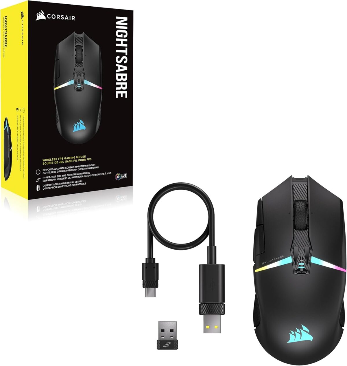 Corsair NIGHTSABRE RGB Wireless Gaming Mouse for FPS, MOBA - 26,000 DPI - 11 Programmable Buttons - Up to 100hrs Battery - iCUE Compatible - Black - Image 9