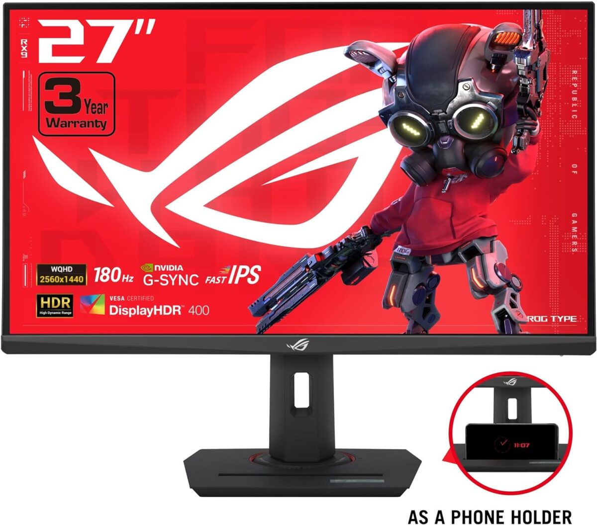ASUS ROG Strix 27” QHD (2560x1440) HDR400 USB-C Gaming Monitor (XG27ACS), 180Hz,1ms, Fast IPS, 133% sRGB, Extreme Low Motion Blur Sync, G-Sync Compatible, DisplayWidget, Tripod Socket, 3 Year Warranty - Image 3