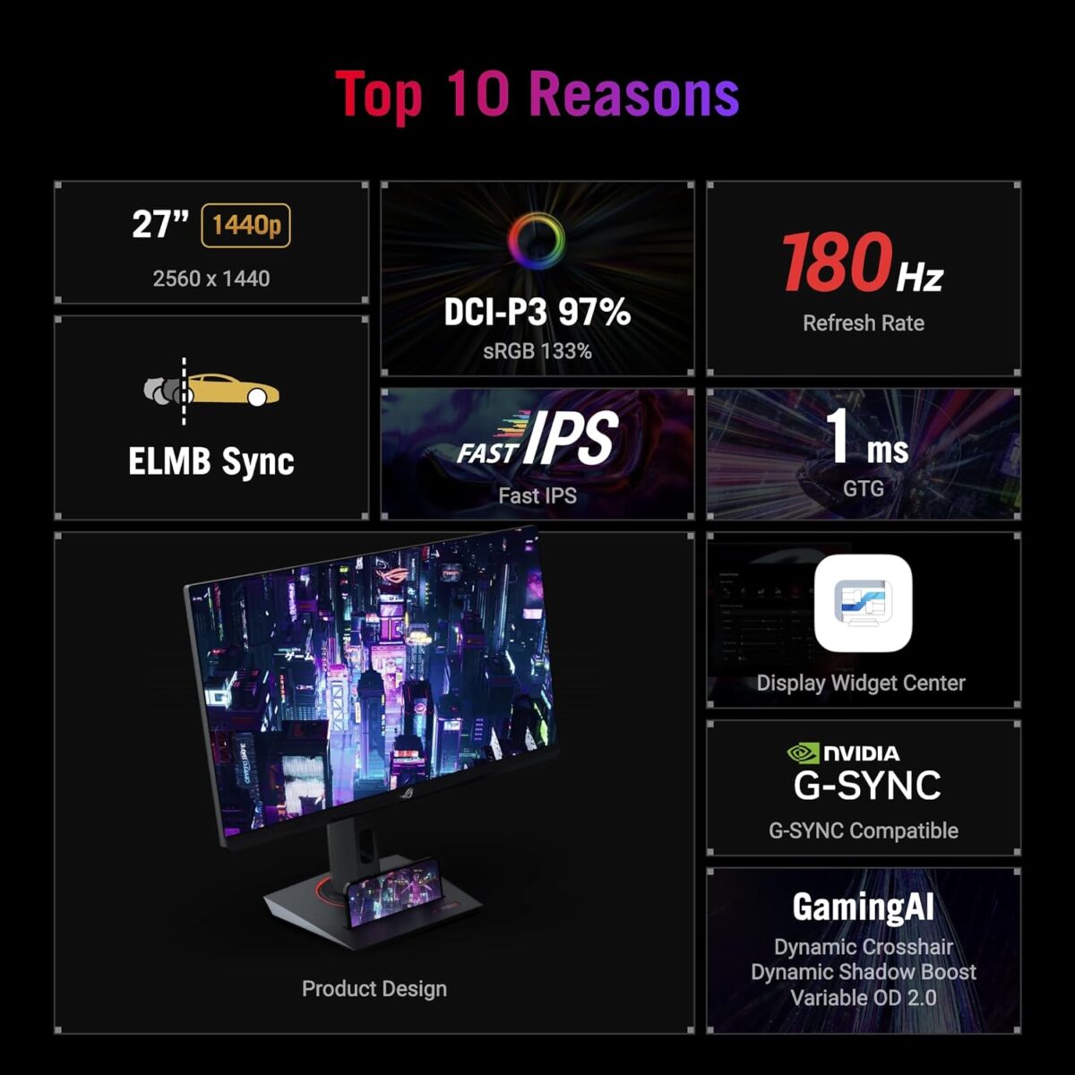 ASUS ROG Strix 27” QHD (2560x1440) HDR400 USB-C Gaming Monitor (XG27ACS), 180Hz,1ms, Fast IPS, 133% sRGB, Extreme Low Motion Blur Sync, G-Sync Compatible, DisplayWidget, Tripod Socket, 3 Year Warranty - Image 4