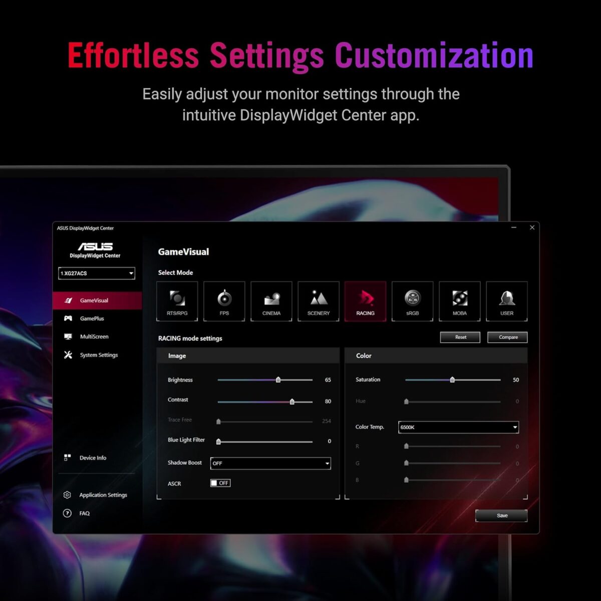 ASUS ROG Strix 27” QHD (2560x1440) HDR400 USB-C Gaming Monitor (XG27ACS), 180Hz,1ms, Fast IPS, 133% sRGB, Extreme Low Motion Blur Sync, G-Sync Compatible, DisplayWidget, Tripod Socket, 3 Year Warranty - Image 9