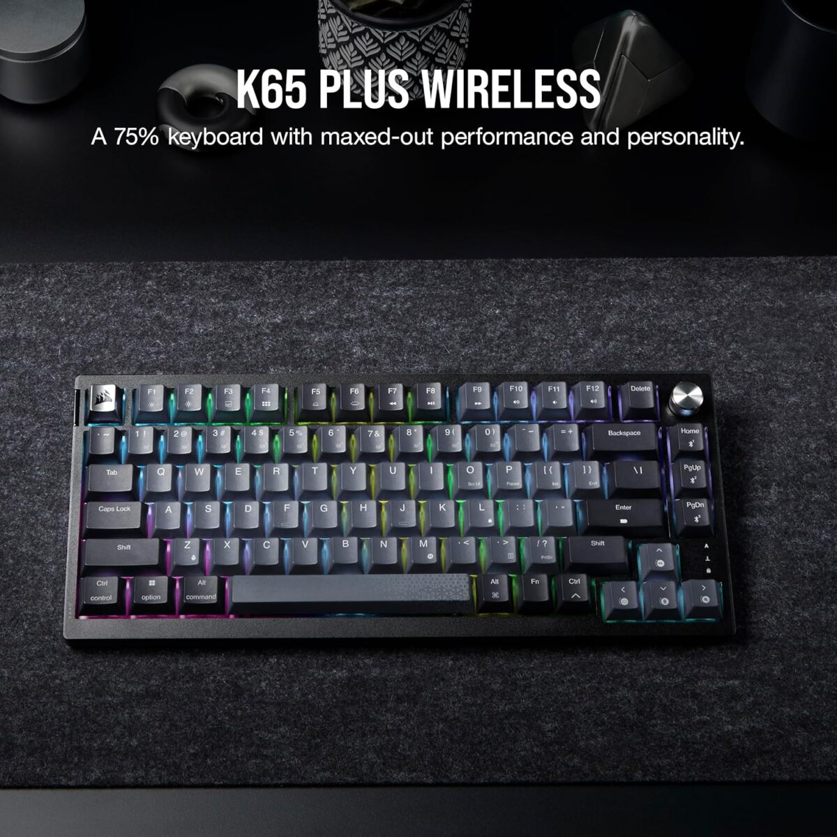 Corsair K65 Plus Wireless 75% RGB Mechanical Gaming Keyboard – Pre-Lubricated MLX Red Linear Switches – PBT Dye-Sub Keycaps – PC, Mac, PS5, PS4, Xbox, iPad – QWERTY NA – Black/Gray - Image 3