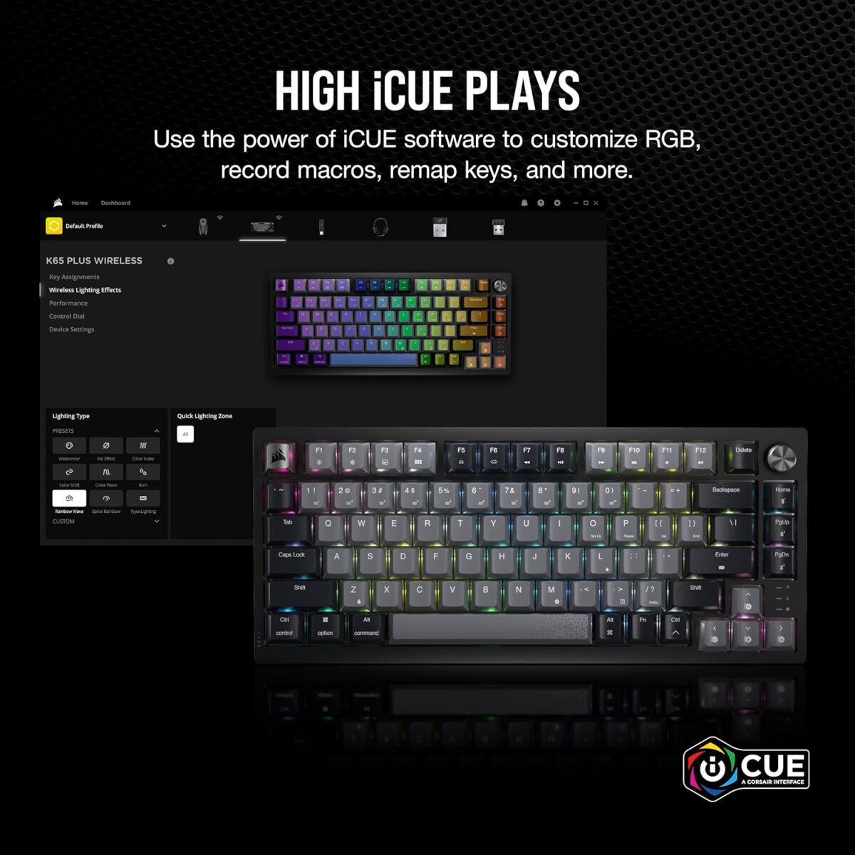Corsair K65 Plus Wireless 75% RGB Mechanical Gaming Keyboard – Pre-Lubricated MLX Red Linear Switches – PBT Dye-Sub Keycaps – PC, Mac, PS5, PS4, Xbox, iPad – QWERTY NA – Black/Gray - Image 9