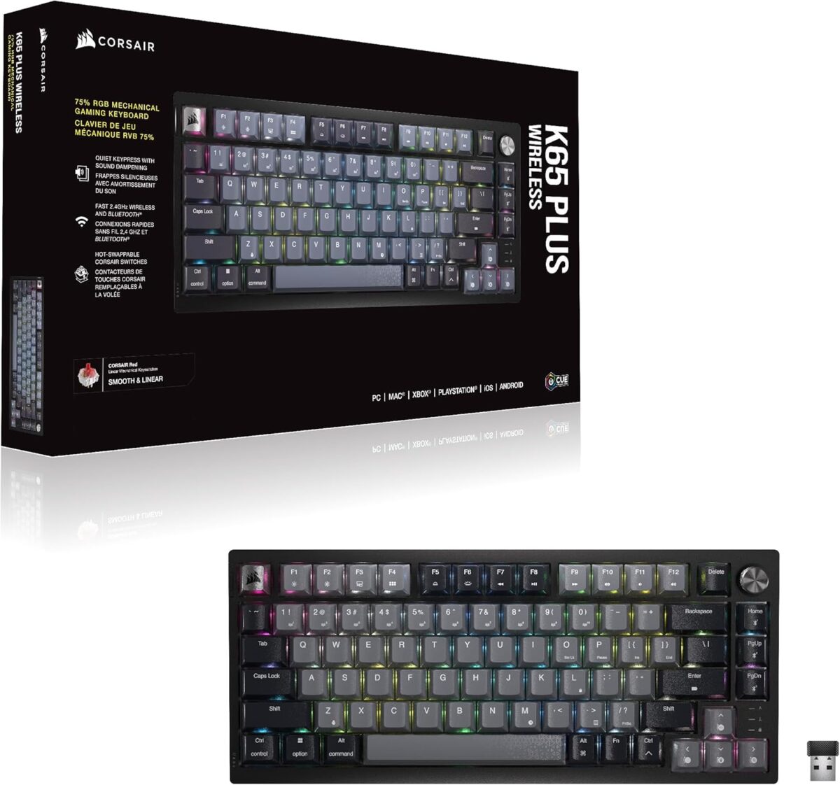 Corsair K65 Plus Wireless 75% RGB Mechanical Gaming Keyboard – Pre-Lubricated MLX Red Linear Switches – PBT Dye-Sub Keycaps – PC, Mac, PS5, PS4, Xbox, iPad – QWERTY NA – Black/Gray - Image 15