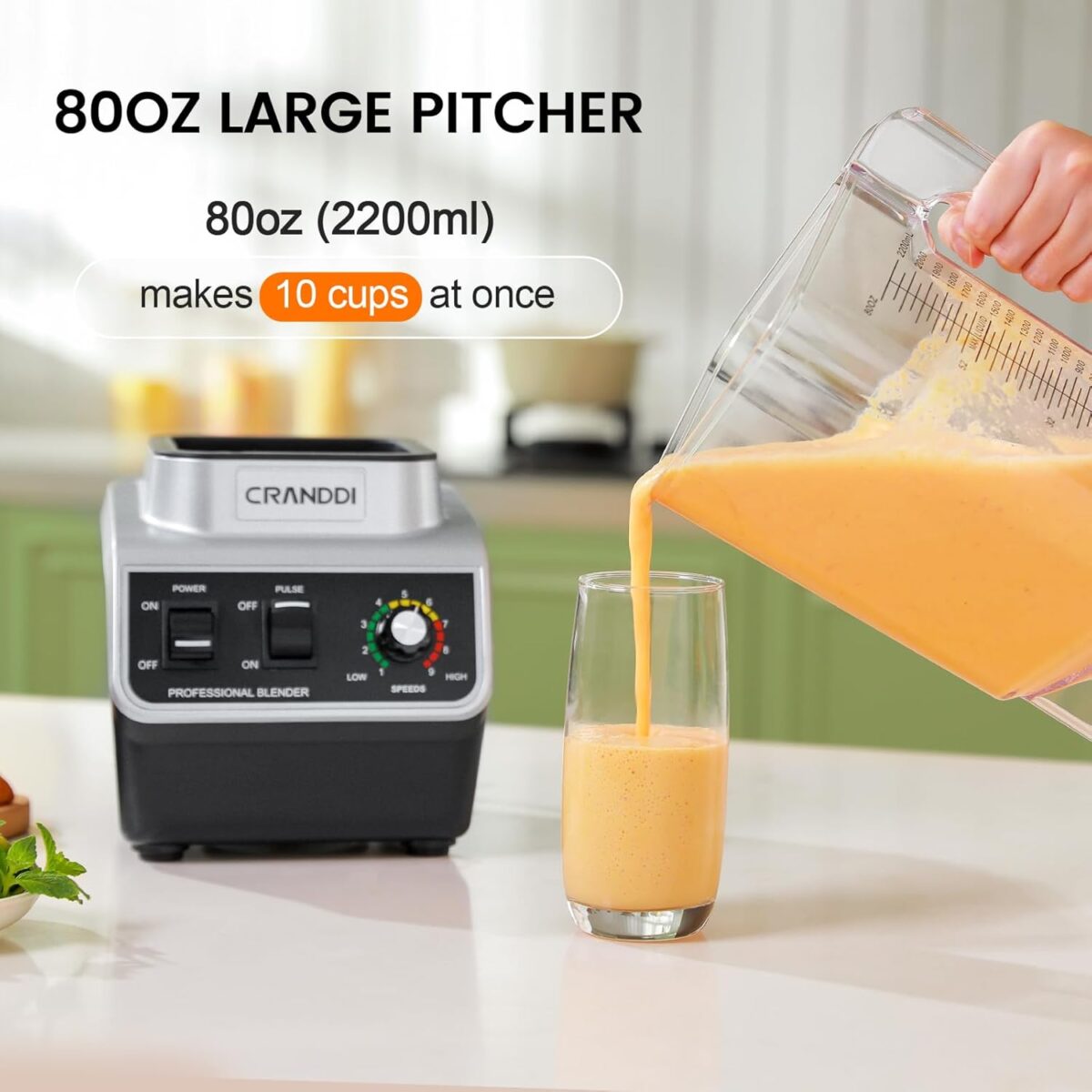 CRANDDI Professional Commercial Blender, Max 1500W, 80oz Pitcher, Powerful Blender with Tamper for Smoothie, Ice Crushing, Variable 9 Speeds Control,110V, K96, Black - Image 3